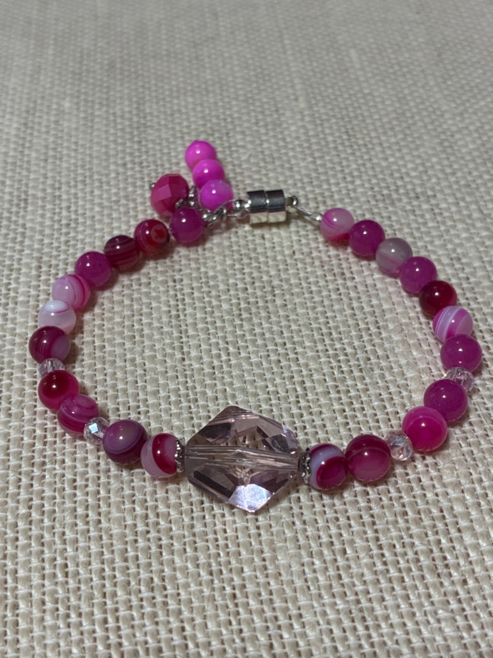 Hand crafted Swarovski faceted crystal pink agate charm magnetic clasp bracelet